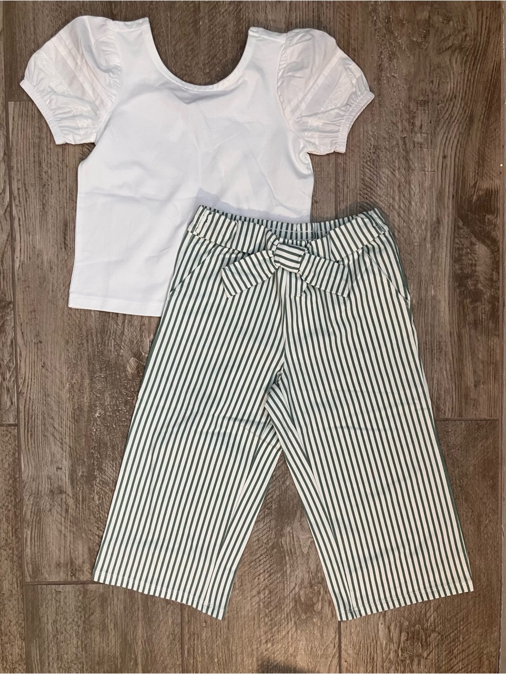 Janie and Jack White Puff Sleeve Top with Green Striped Tie-Waist Pants
